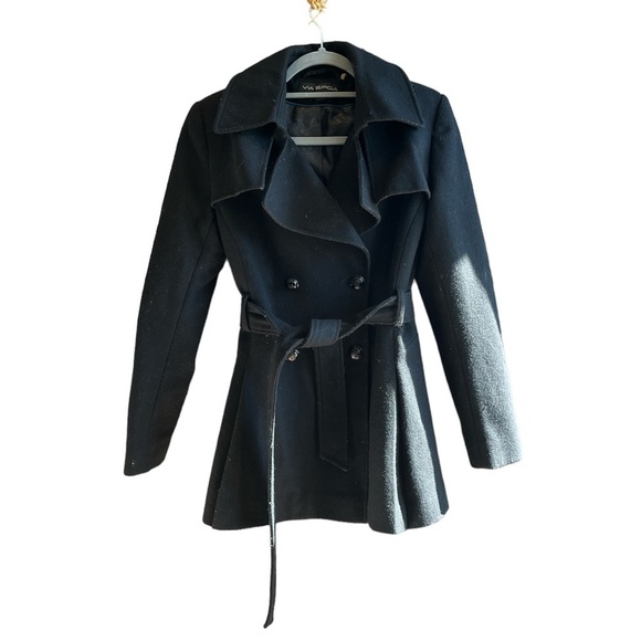 Via Spigs Women’s Wool Coat Black, double breasted, with pleated peplum Sz 4 - Picture 1 of 7